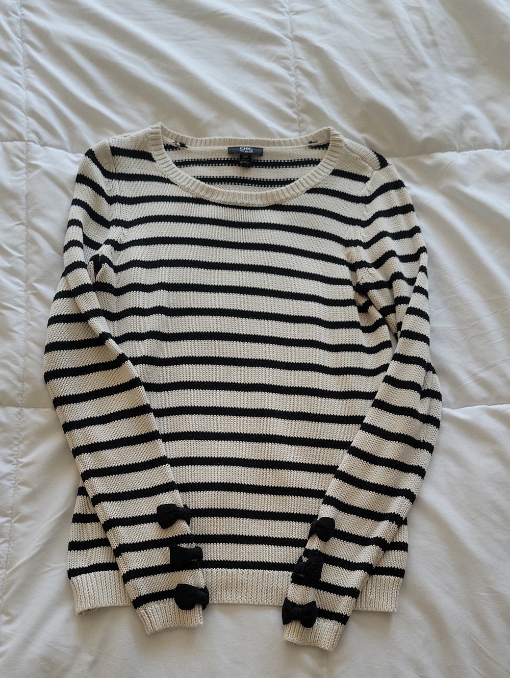 Striped Cream and Black Bow-Cuff Sweater